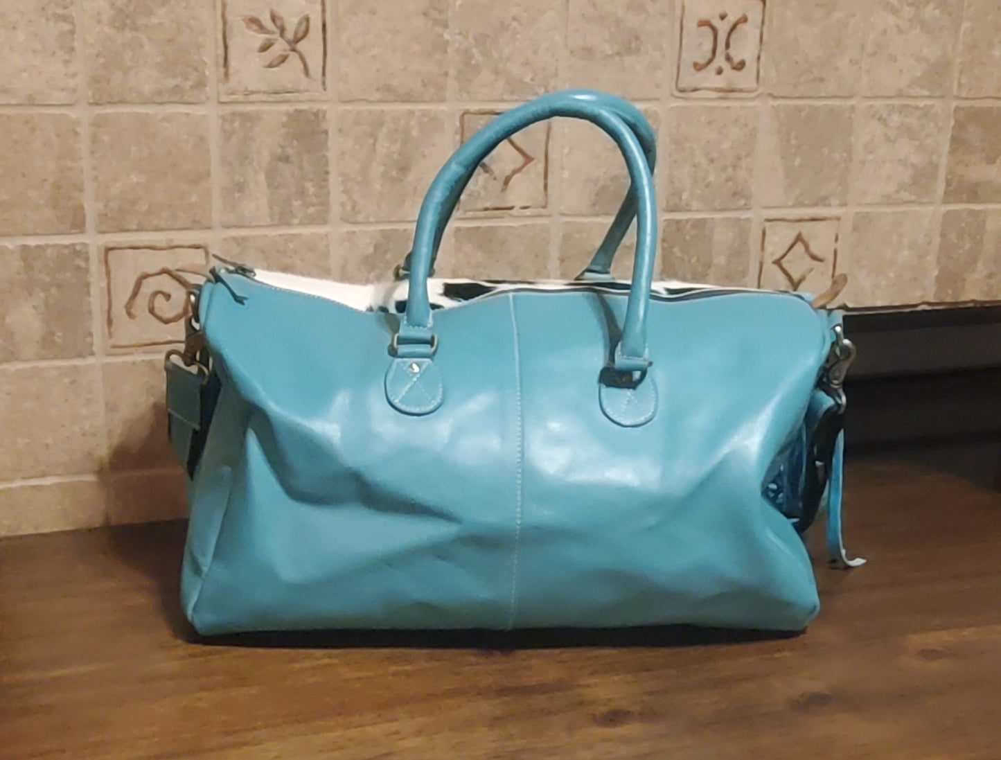 Turquoise Leather & Cowhide Duffle Bag