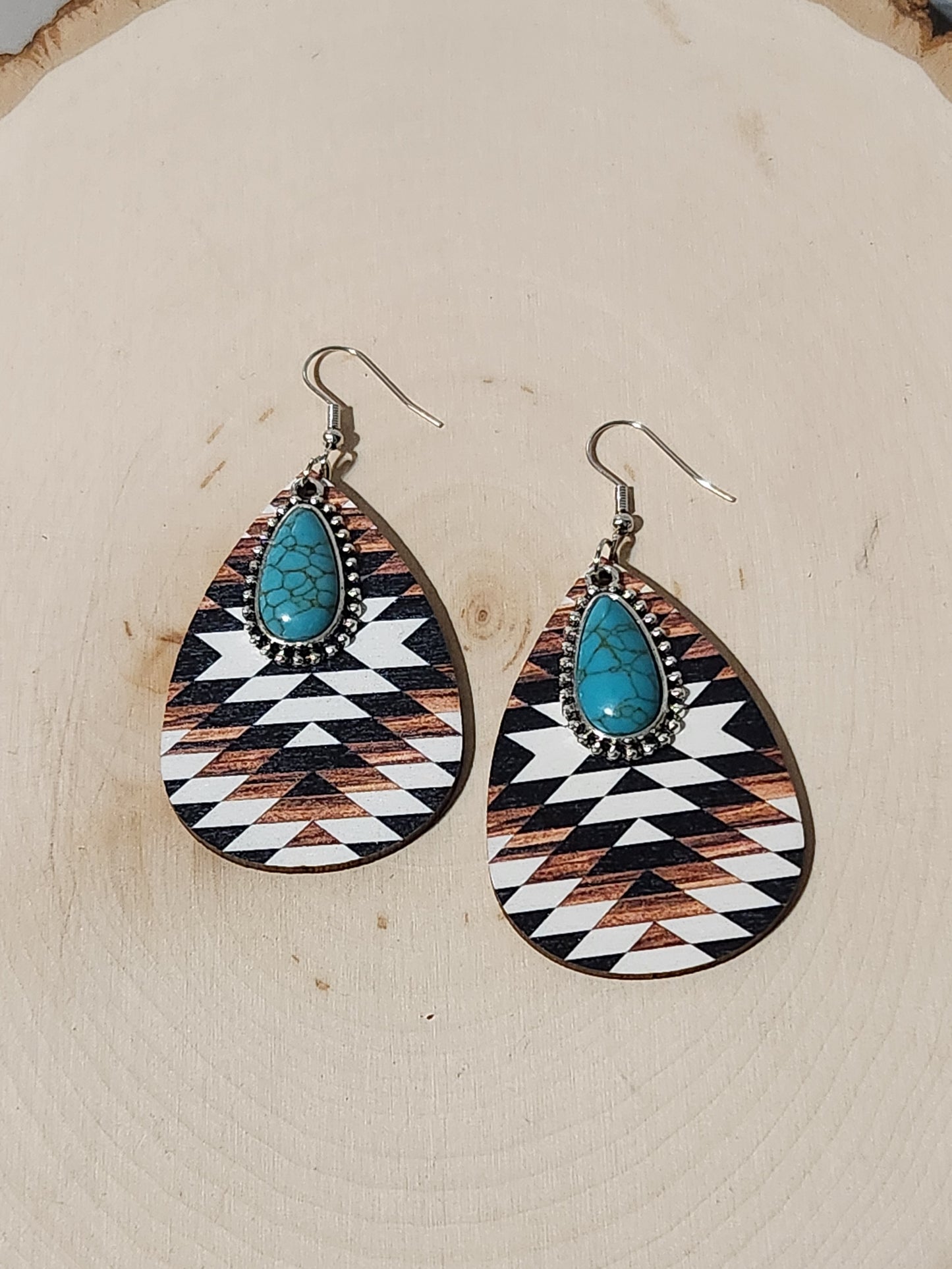Wooden Aztec with Turquoise Stone Earrings