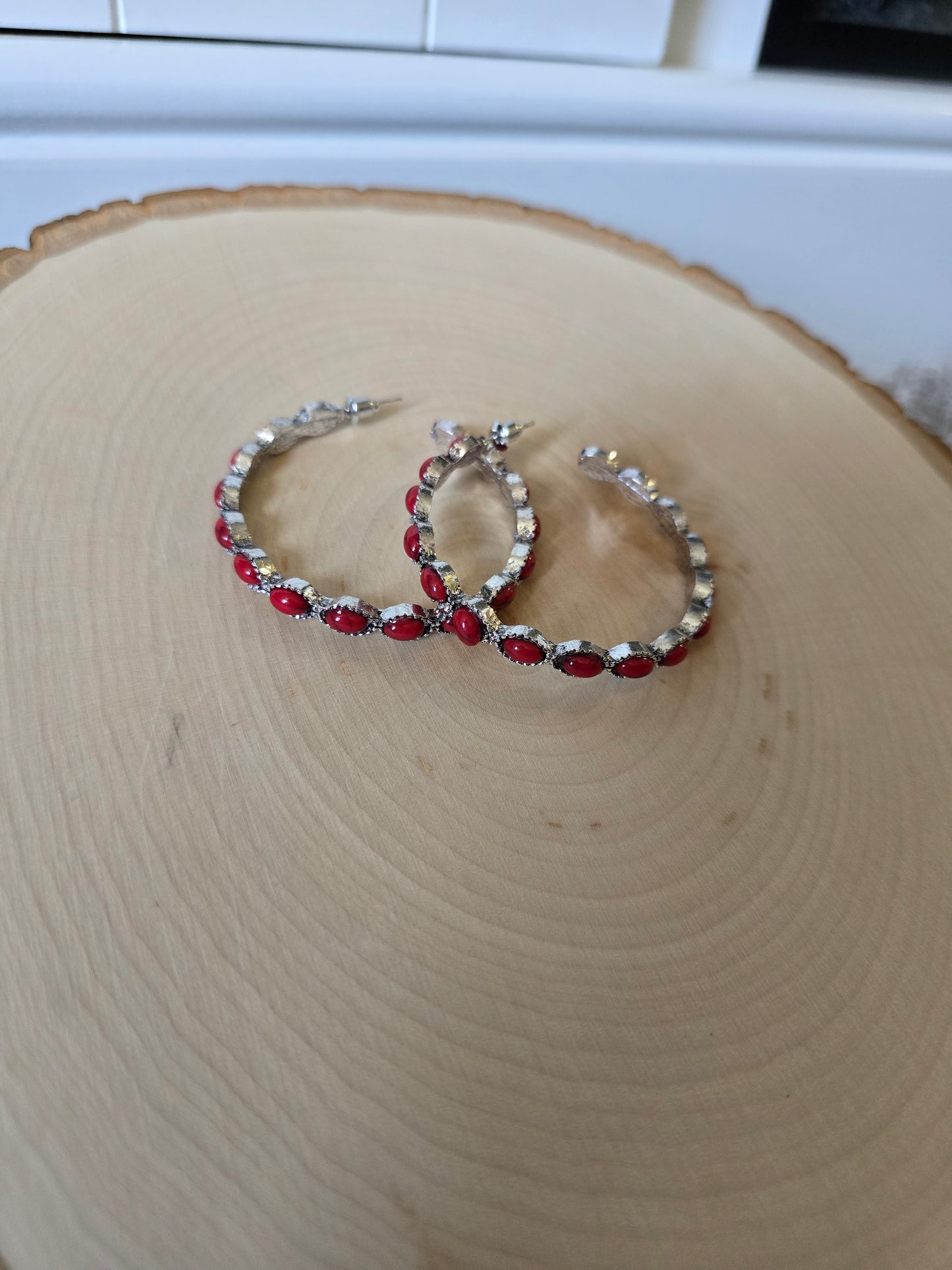 Stone Hoop Earrings (Turquoise & Red)