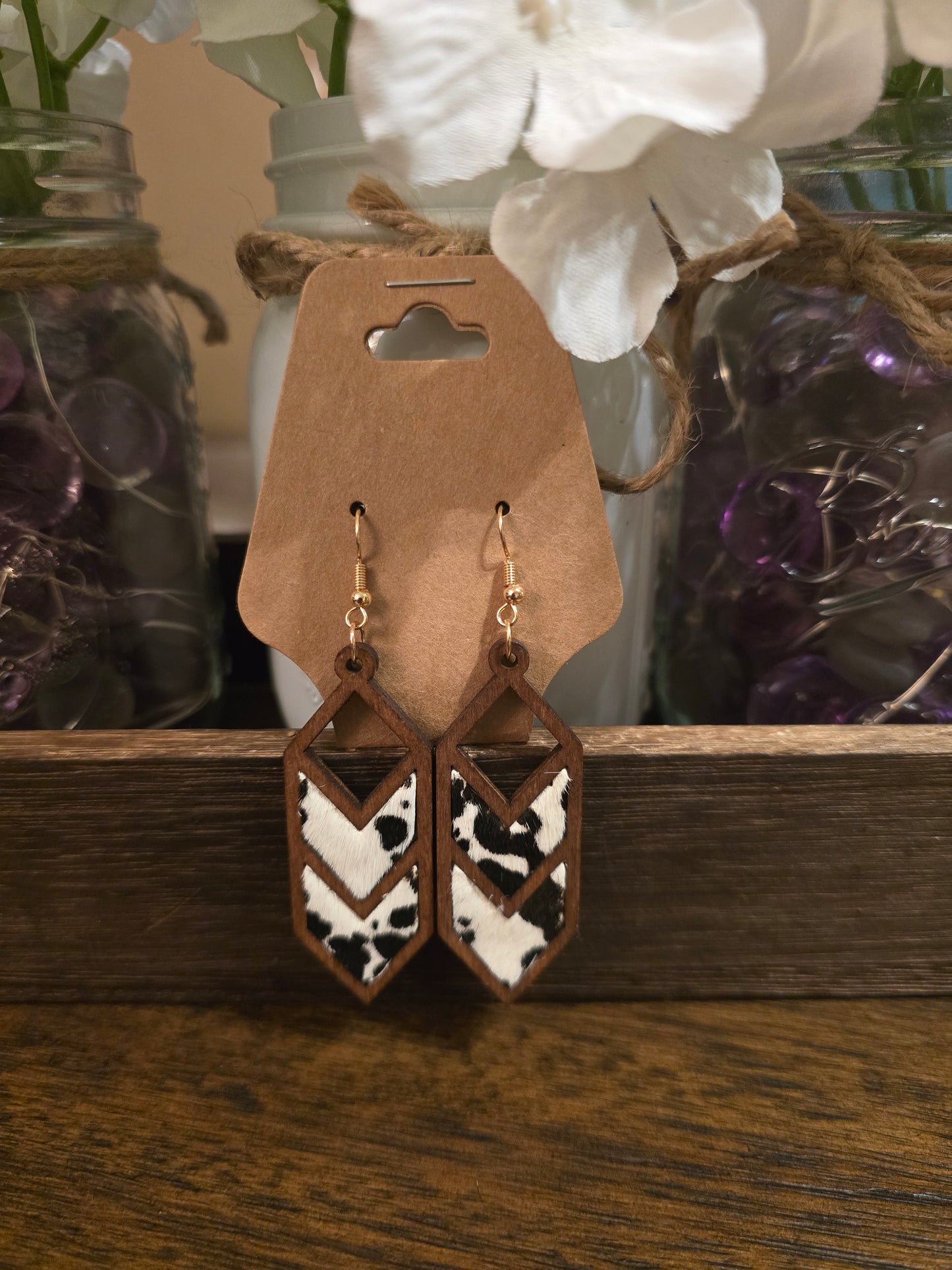 Wooden Chevron Leather Cut Earrings