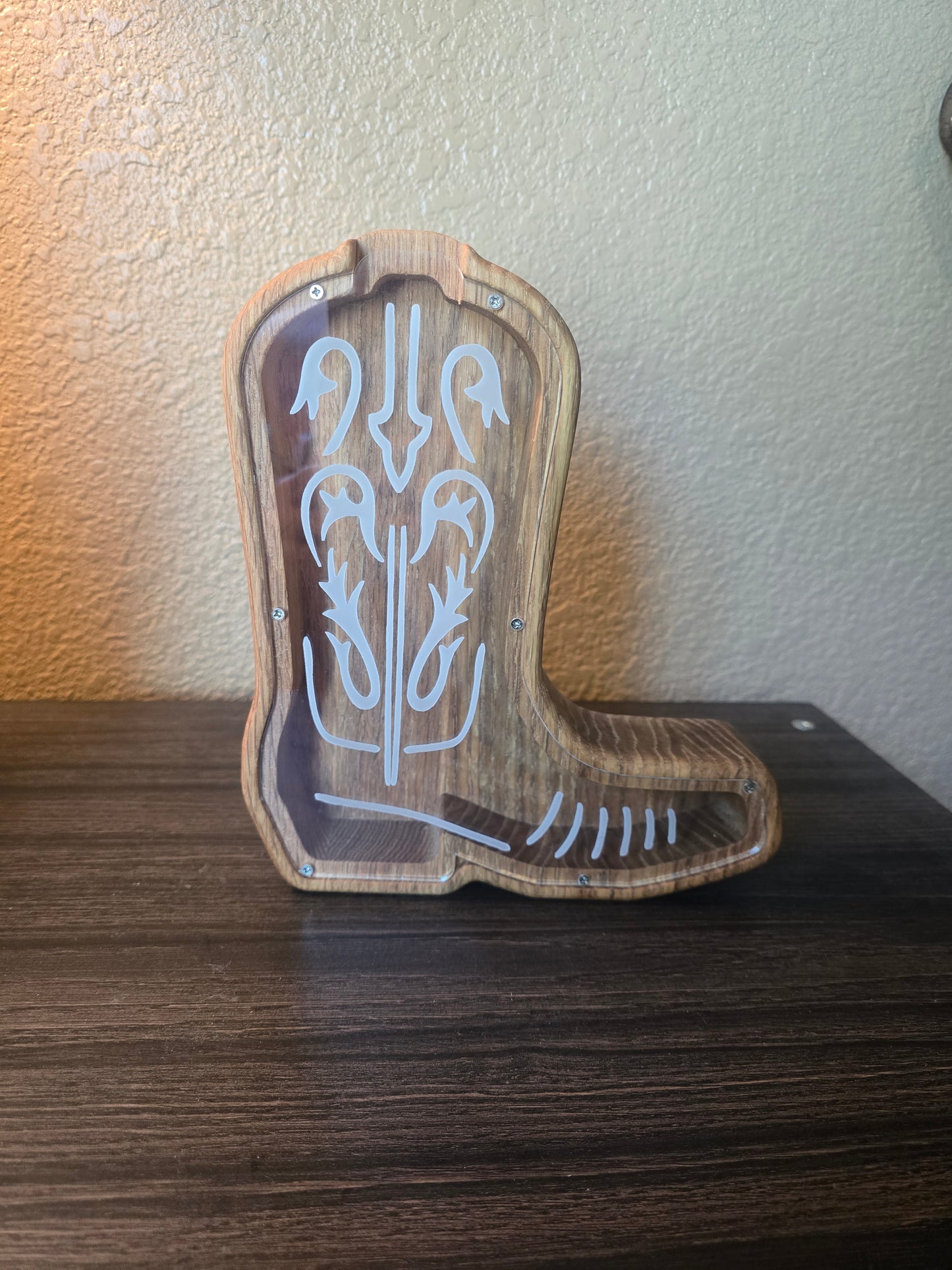 Handmade western wooden Piggy bank - boot shape