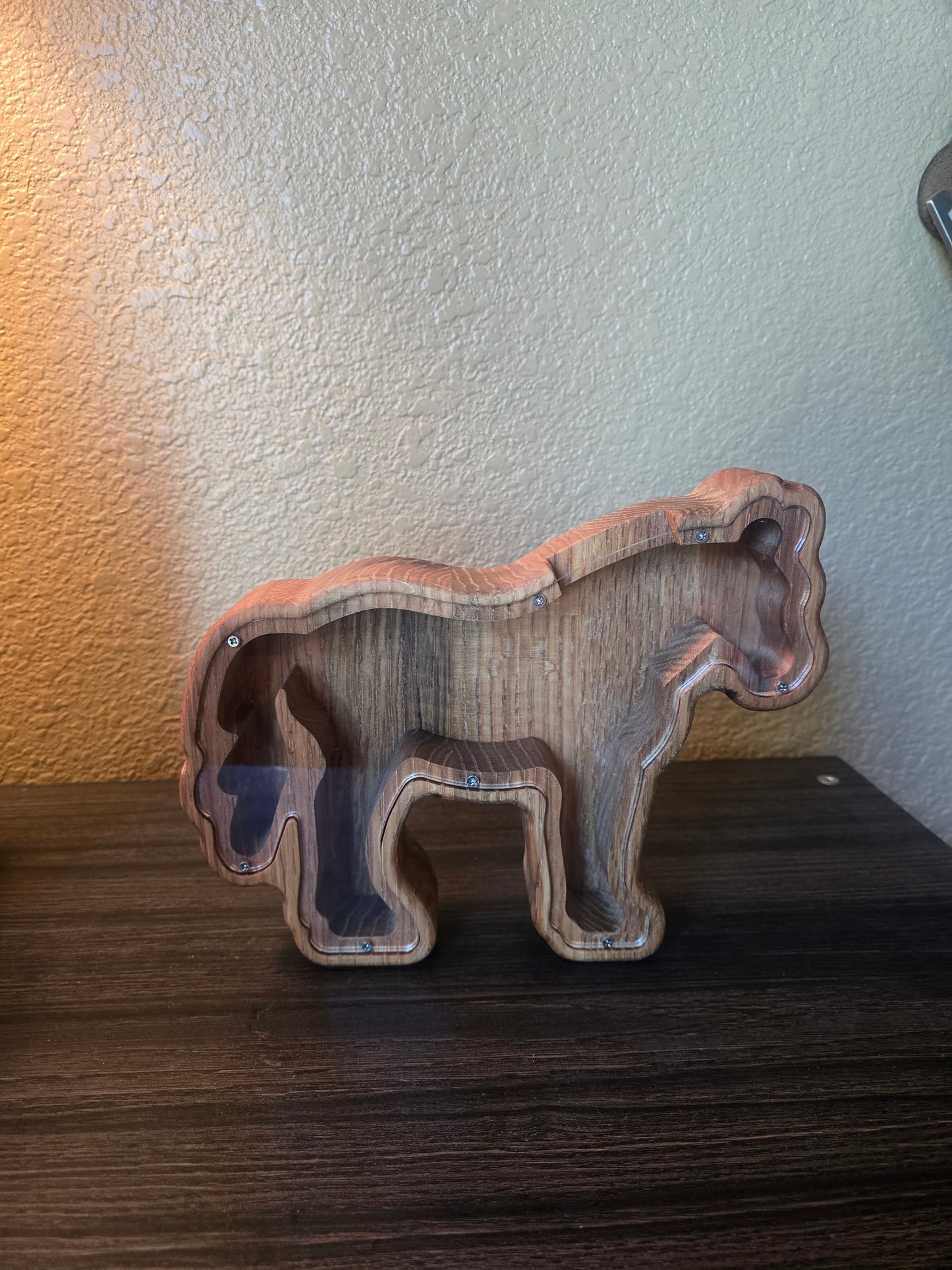 Handmade western wooden Piggy bank horse shape