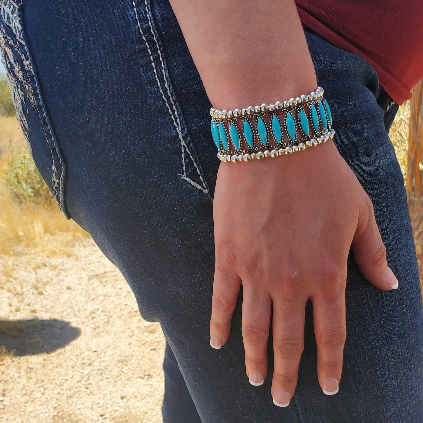 Antique Silver Alloy Bracelet with Oval Stones