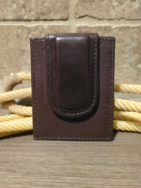 Brown leather magnetic money clip with credit card and ID holder