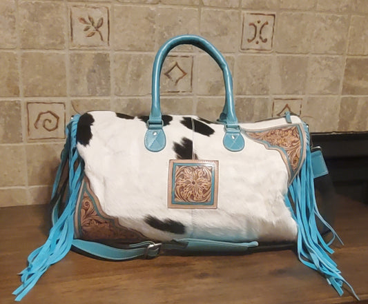Turquoise Leather & Cowhide Duffle Bag