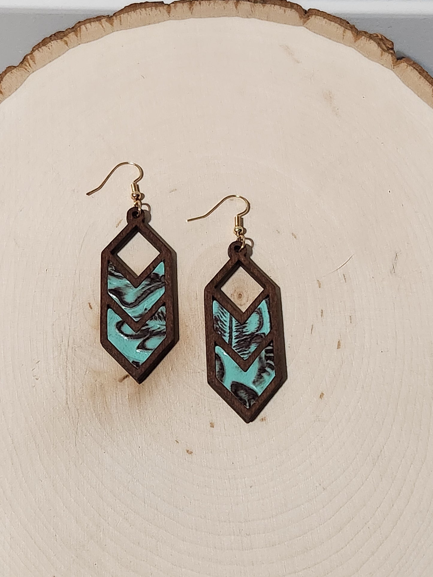 Wooden Chevron Leather Cut Earrings