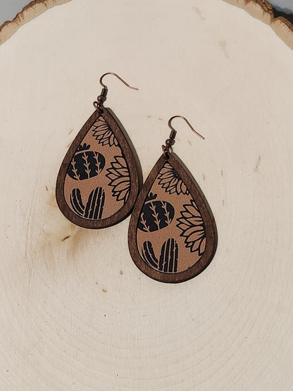 Leather Wood Chip  Tear dop Earrings -  Cactus