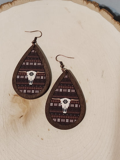 Leather Wood Chip  Tear dop Earrings -  Steer Skull