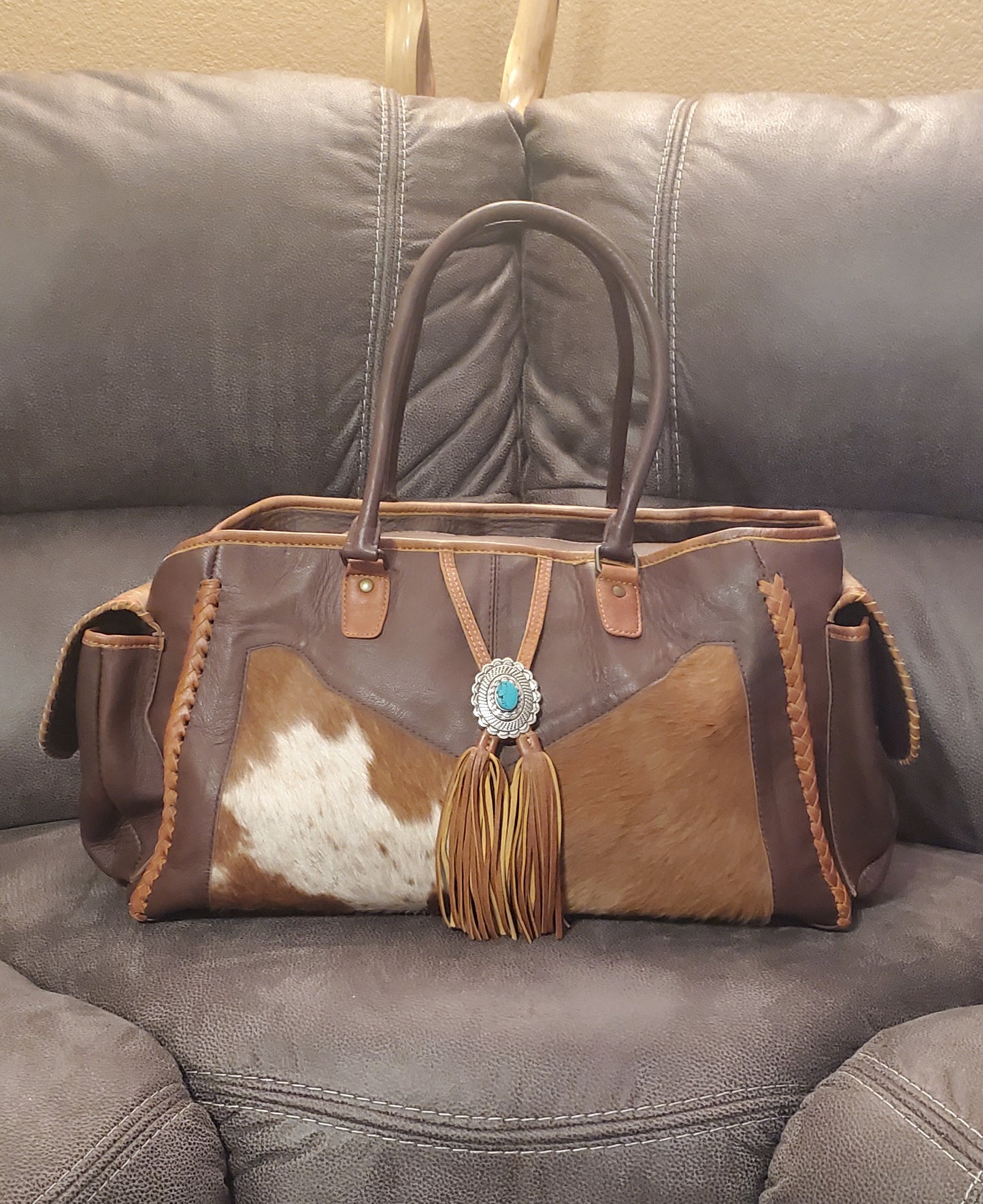 Brown Cowhide & Leather Weekender Tote