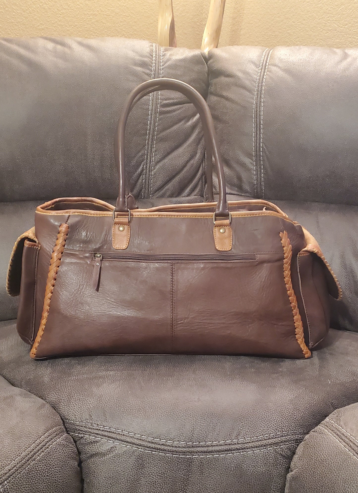 Brown Cowhide & Leather Weekender Tote