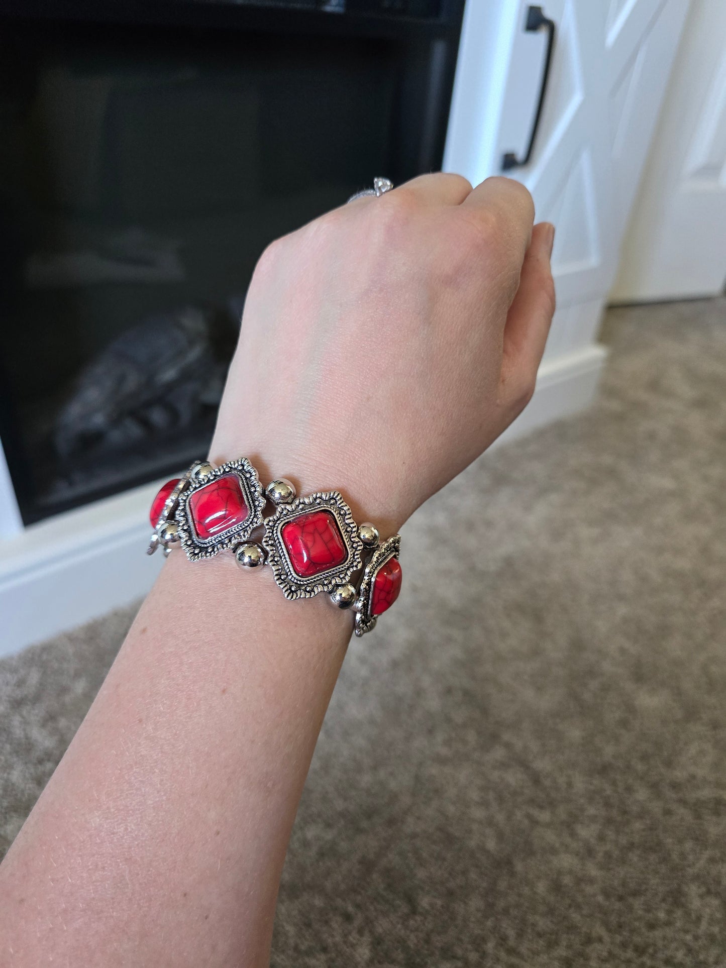 Alloy Silver Bracelet with Square Turquoise Stones