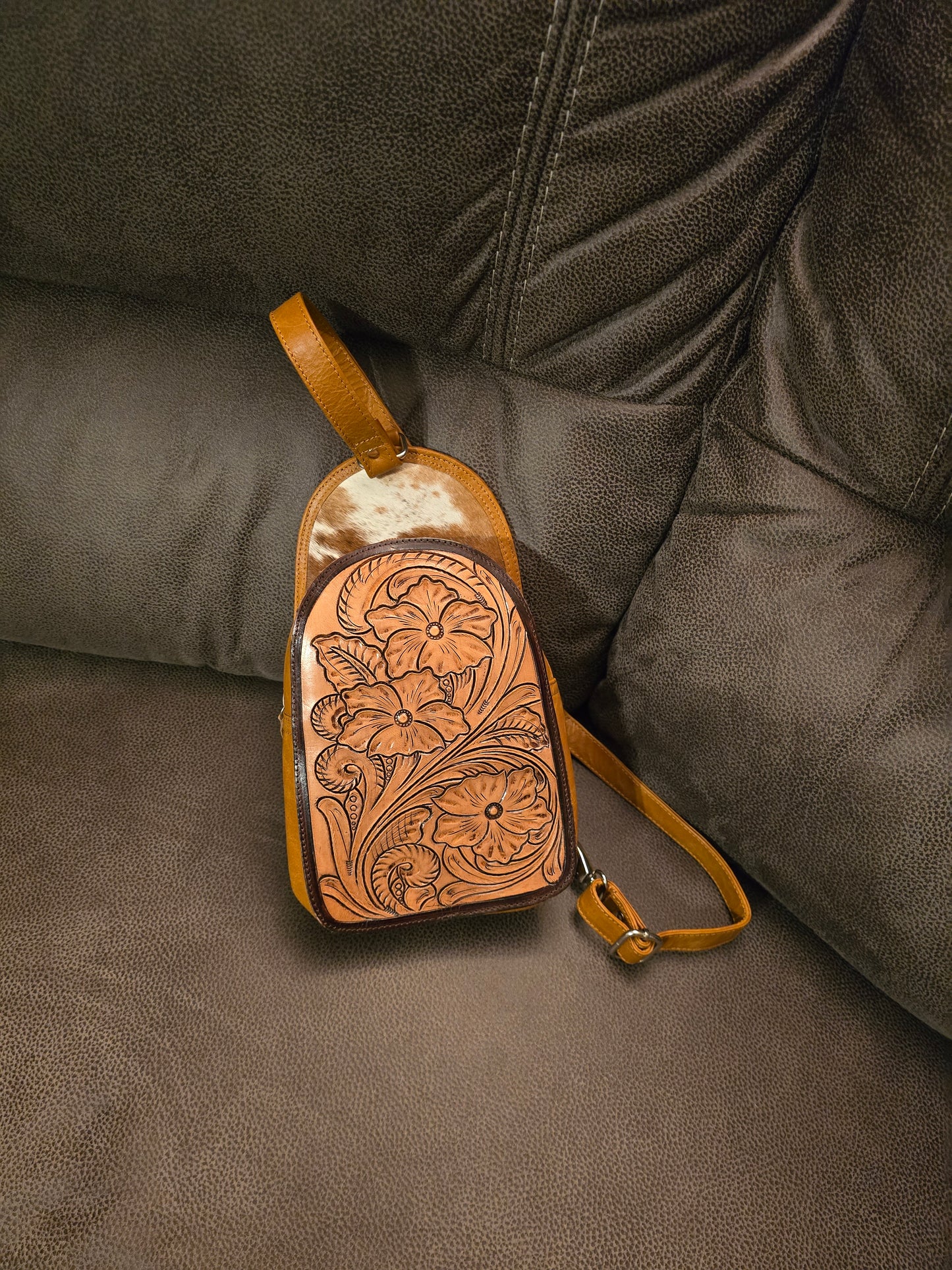 Cowhide & Tooled Leather Crossbody Bag