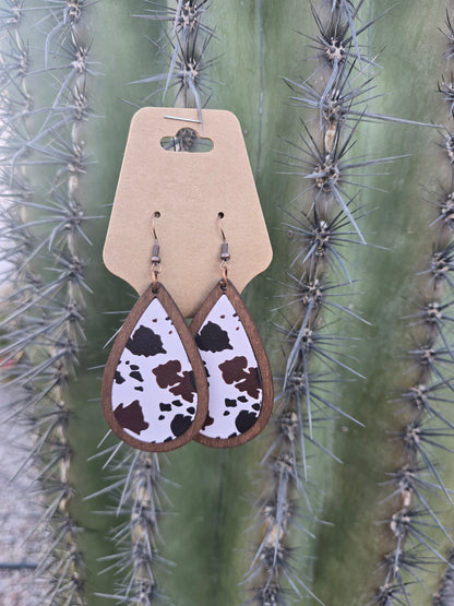 Leather Wood Chip  Tear dop Earrings -  Cow print