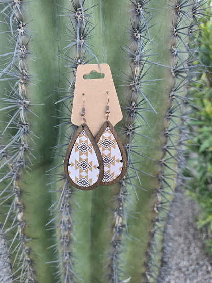 Leather Wood Chip  Tear dop Earrings -  Aztec