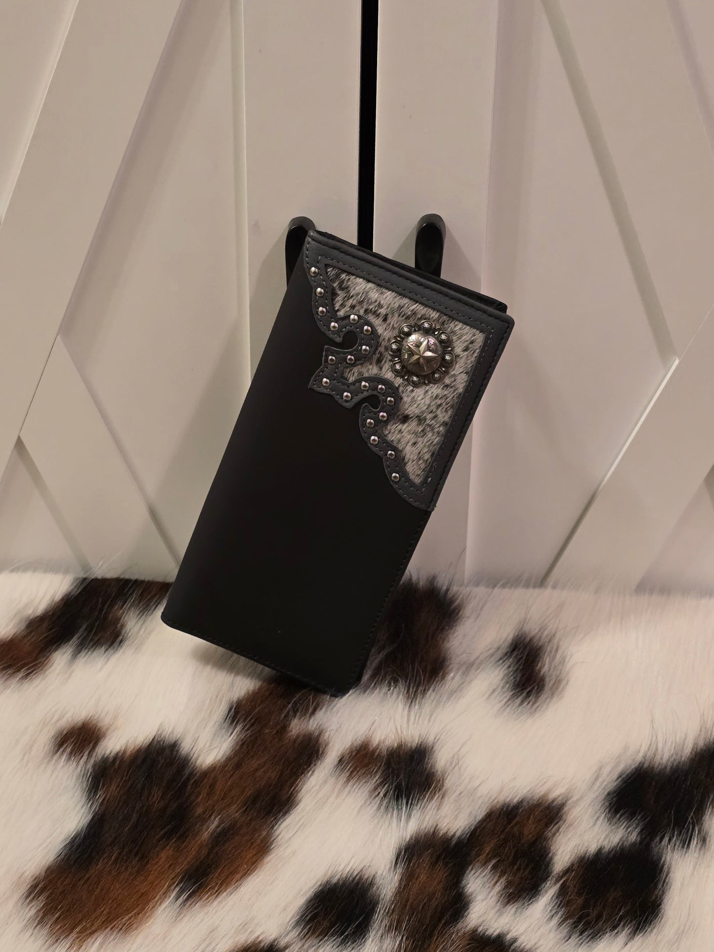 Black Leather & Cowhide Rodeo Wallet with concho