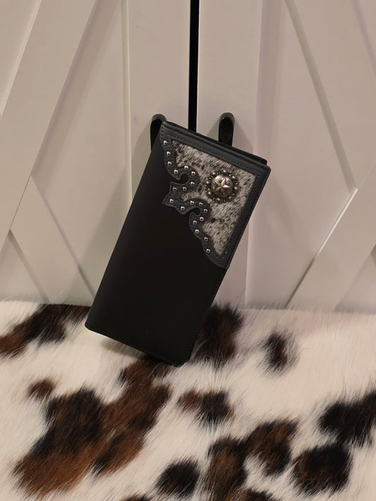 Black Leather & Cowhide Rodeo Wallet with concho