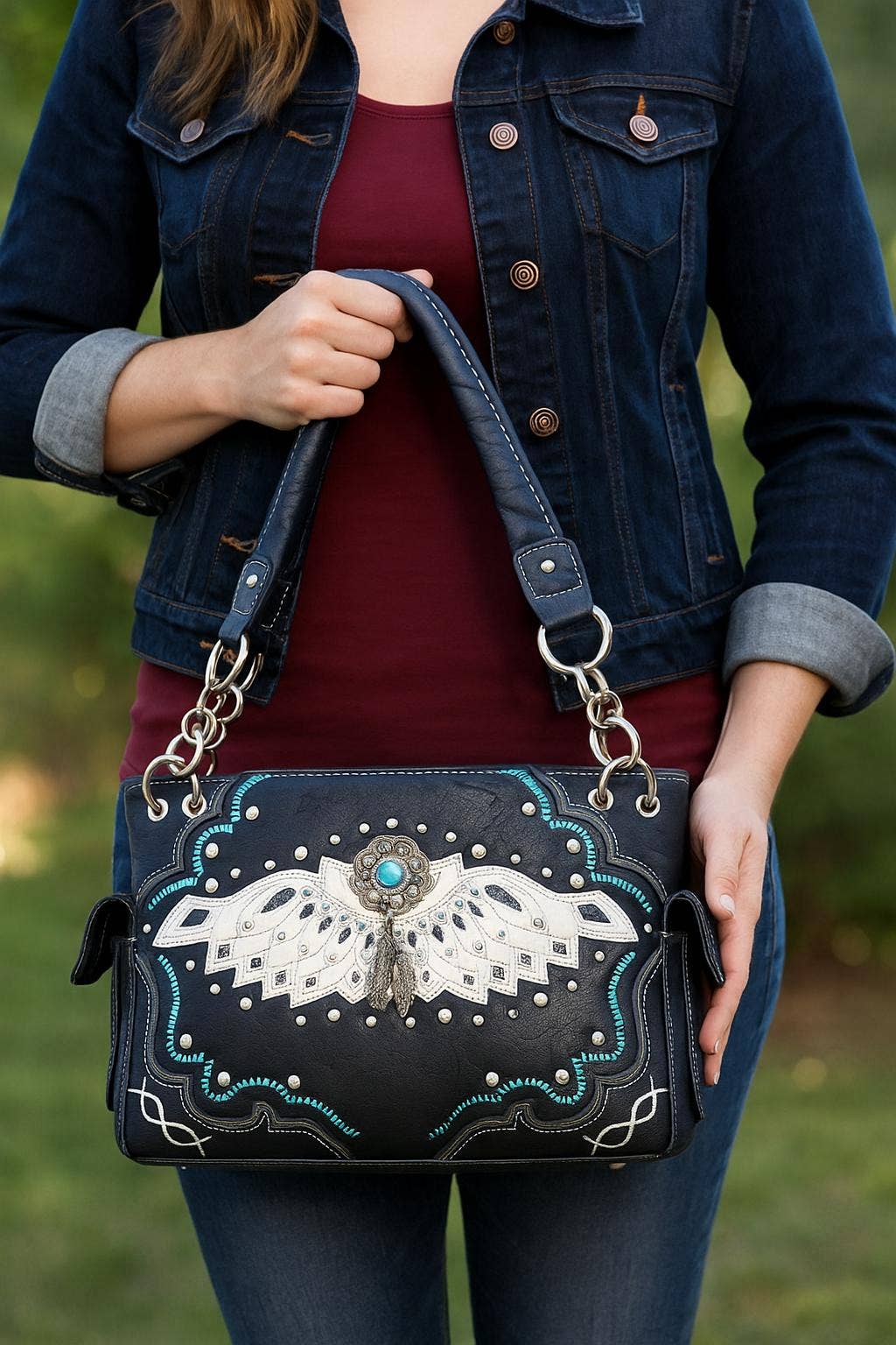 Black Western Purse w/ Rhinestones & Feather Accents 