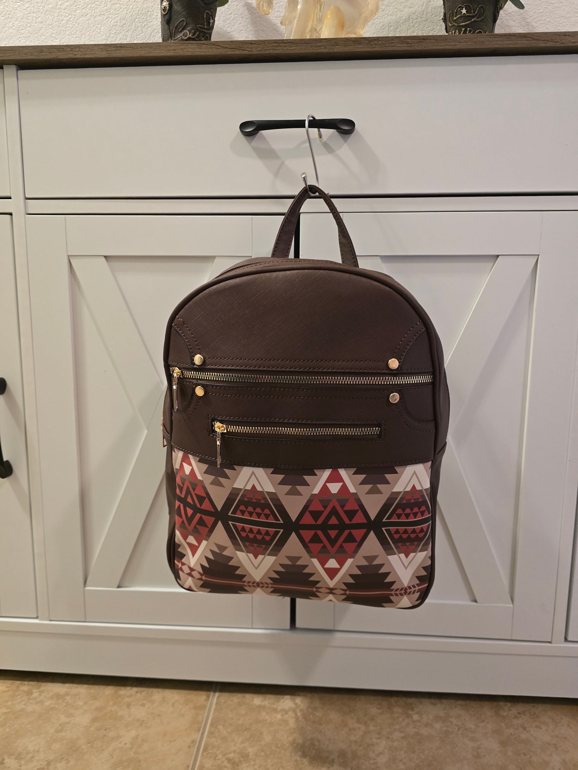 Brown PU leather backpack with aztec  pattern 