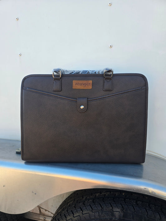 Front of Brown Wrangler PU Leather Laptop bag with exterior pockets, luggage strap, interior pockets, shoulder strap and carrying handle