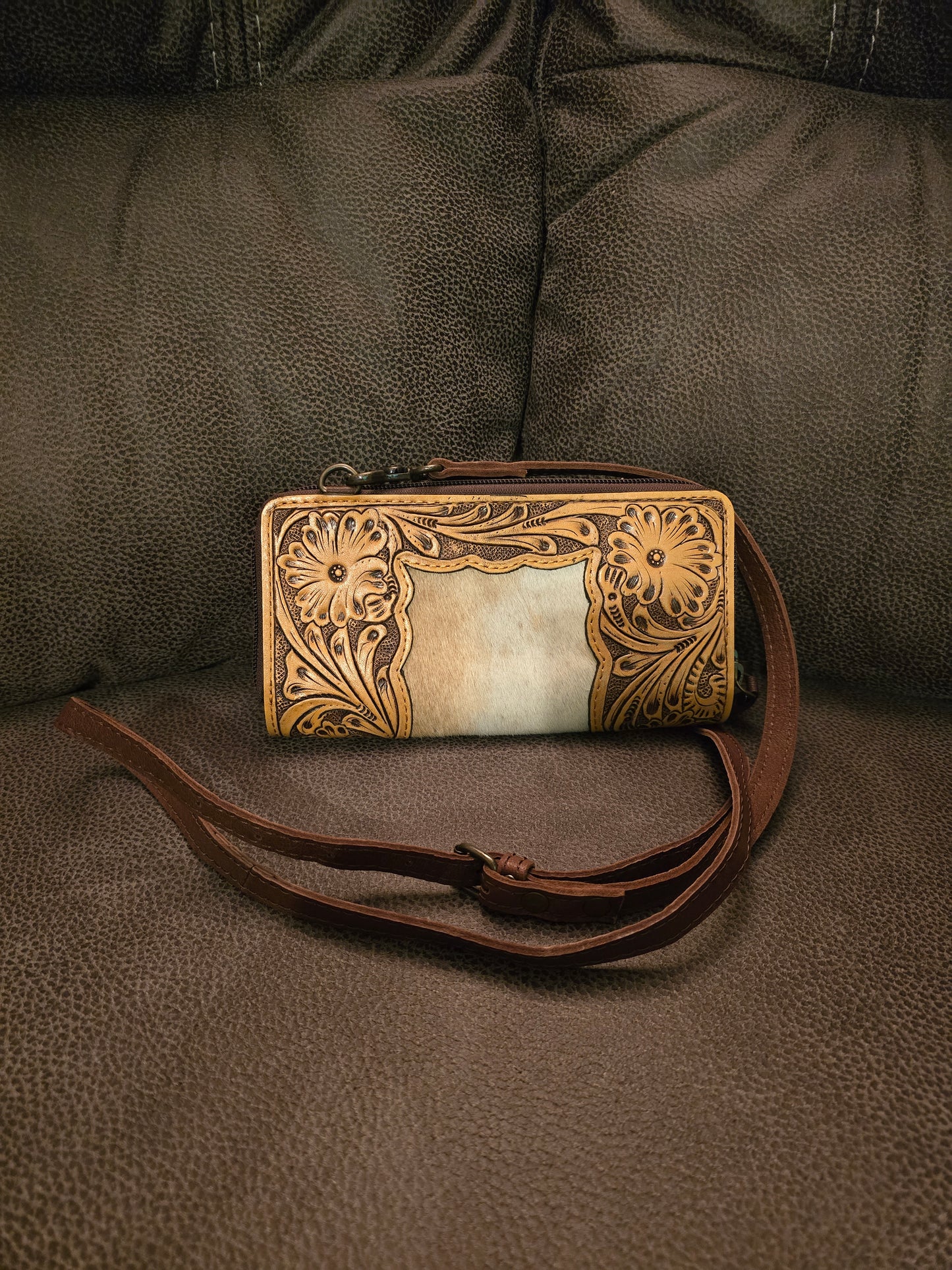 Hand Tooled Leather & Cowhide Wallet Purse