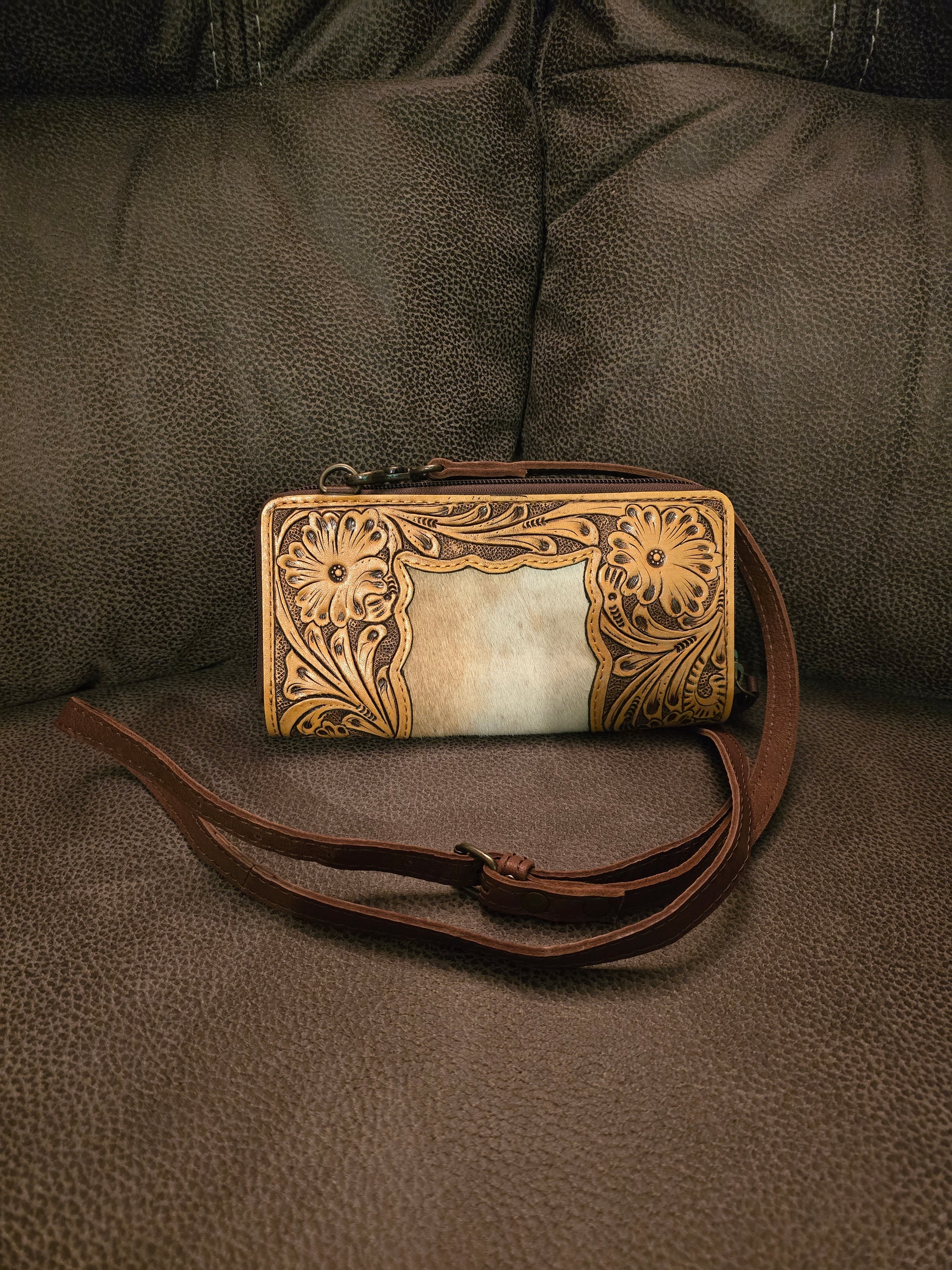 Hand Tooled Leather & Cowhide Wallet Purse