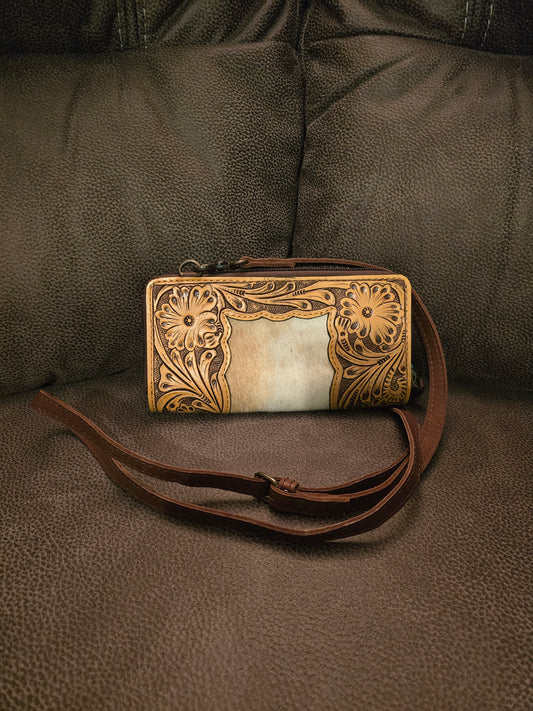 Hand Tooled Leather & Cowhide Wallet Purse