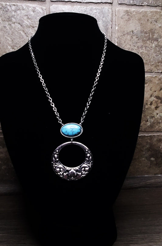 Silver Floral Pendant with Turquoise Stone Necklace