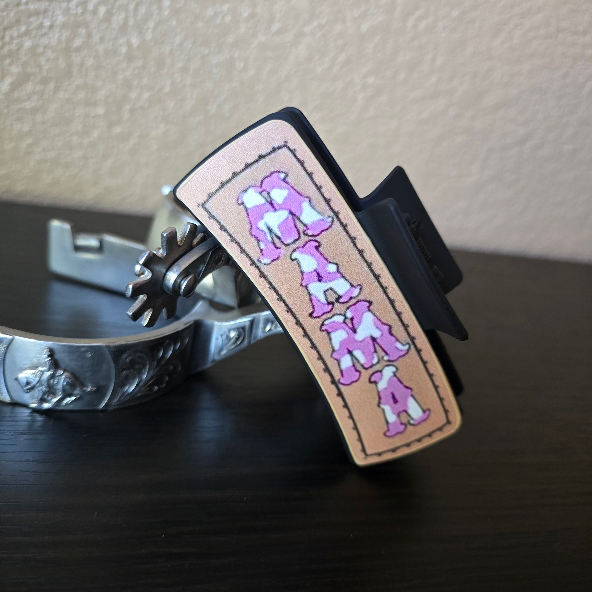 Pink cow print mama hair claw clip