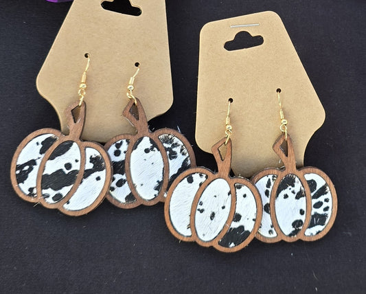 Wooden Cow Print Pumpkin Earrings