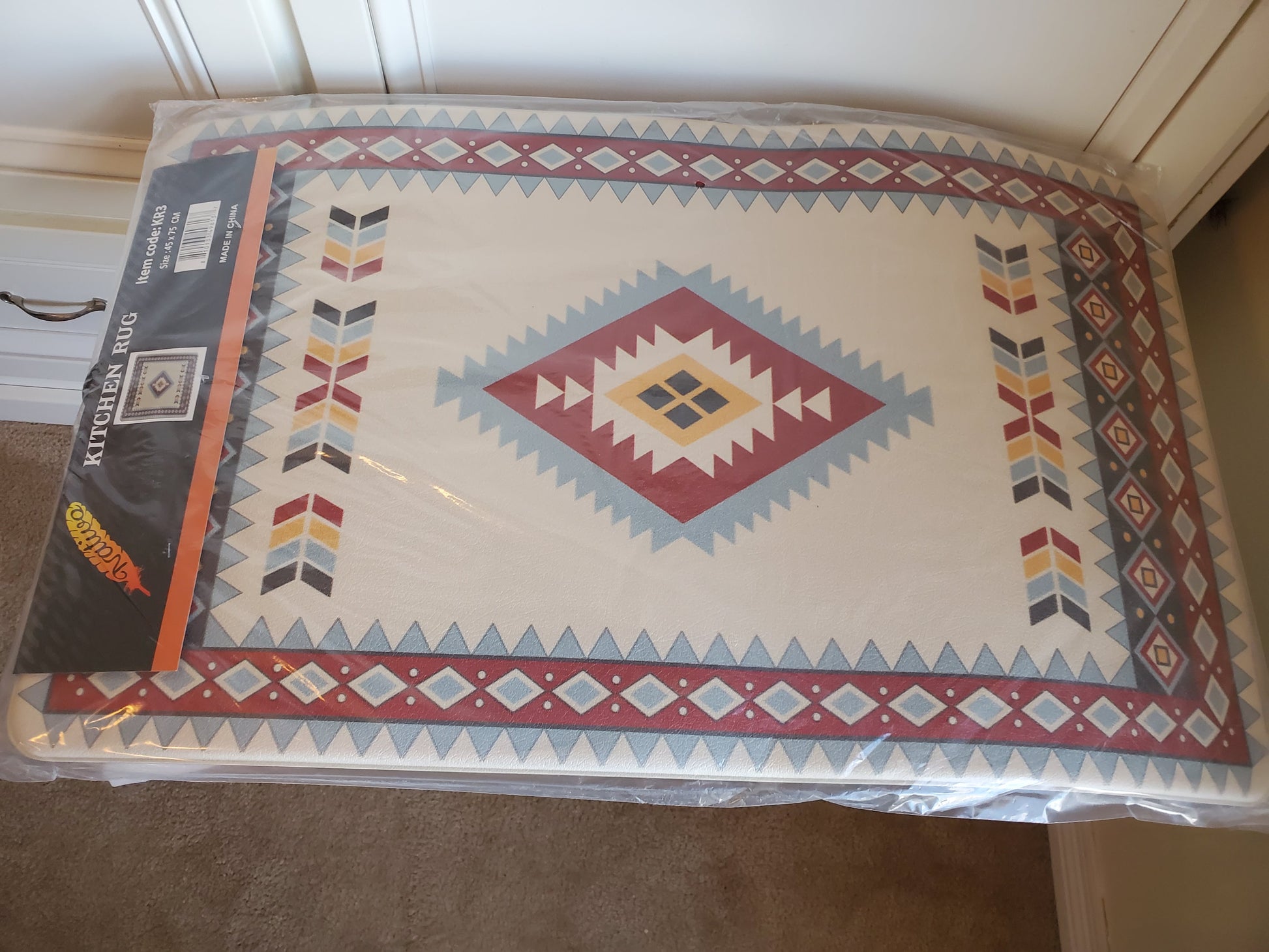White and Red Aztec Kitchen Floor Mat
