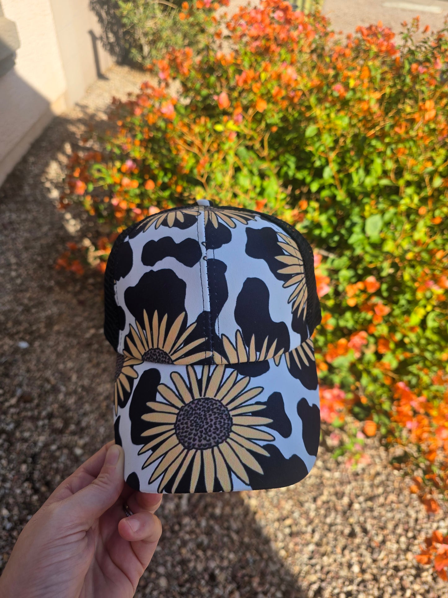 Women's high pony tail cow print with yellow sunflower ball cap