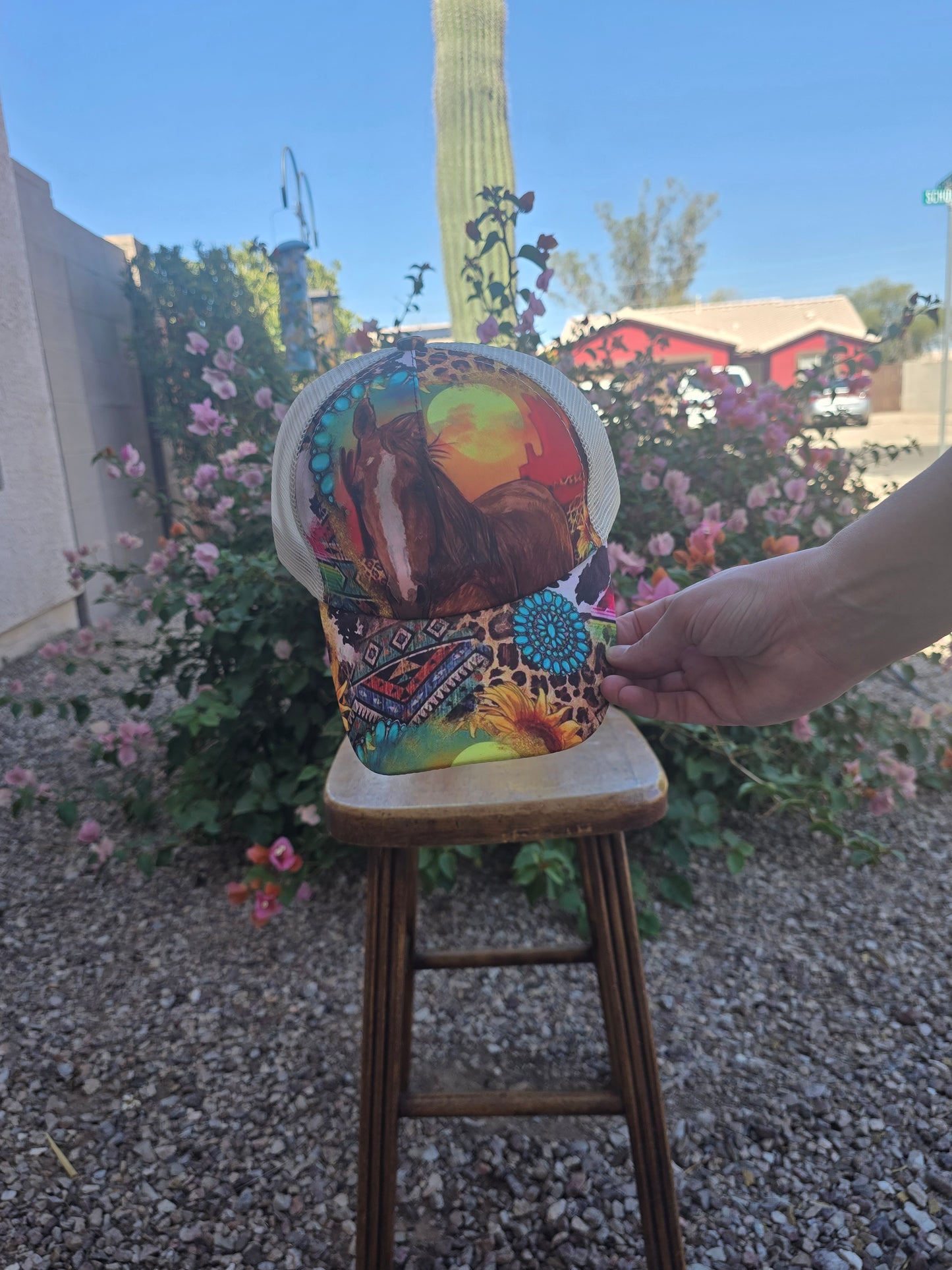 Womens high ponytail ballcap w/ horse, sunset, conchos and boho print