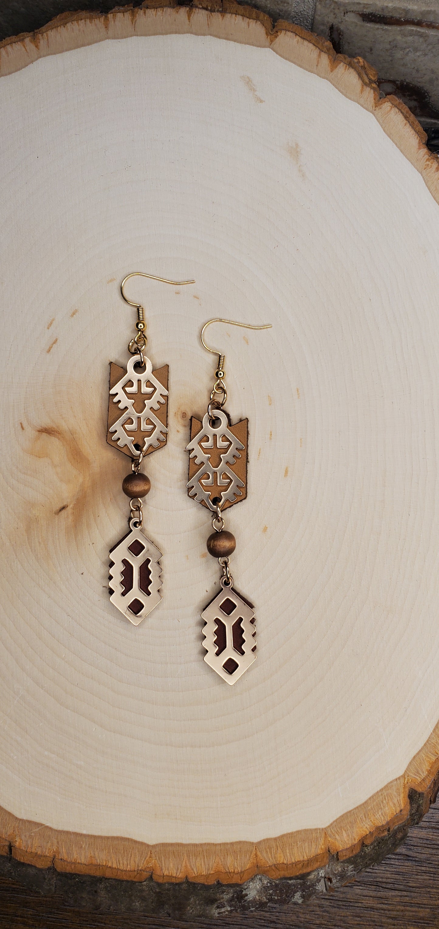 Brown and Gold with Wood Bead Earrings