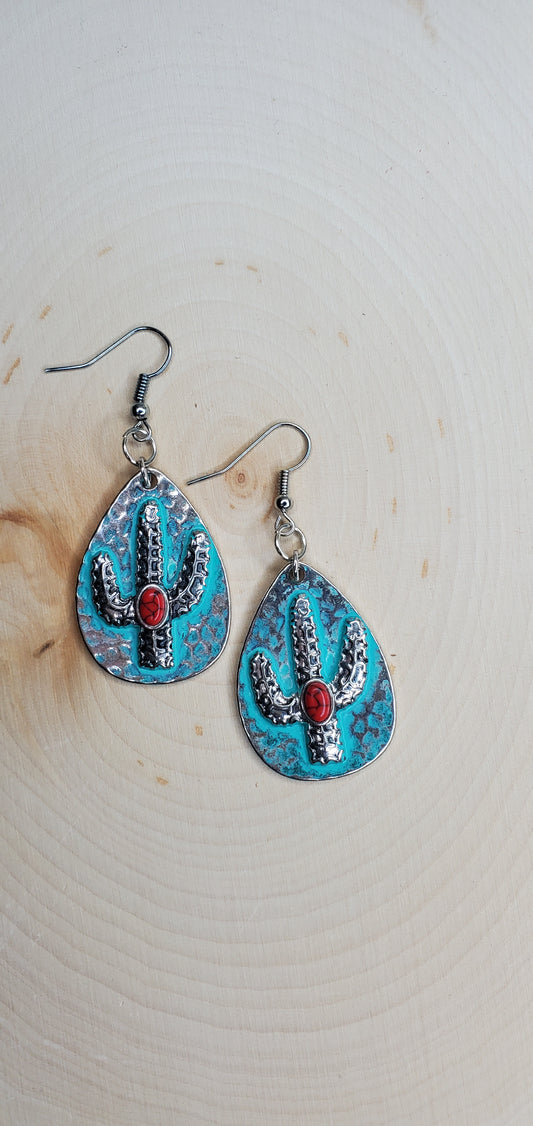 Saguaro Teardrop with Coral Bead Earrings