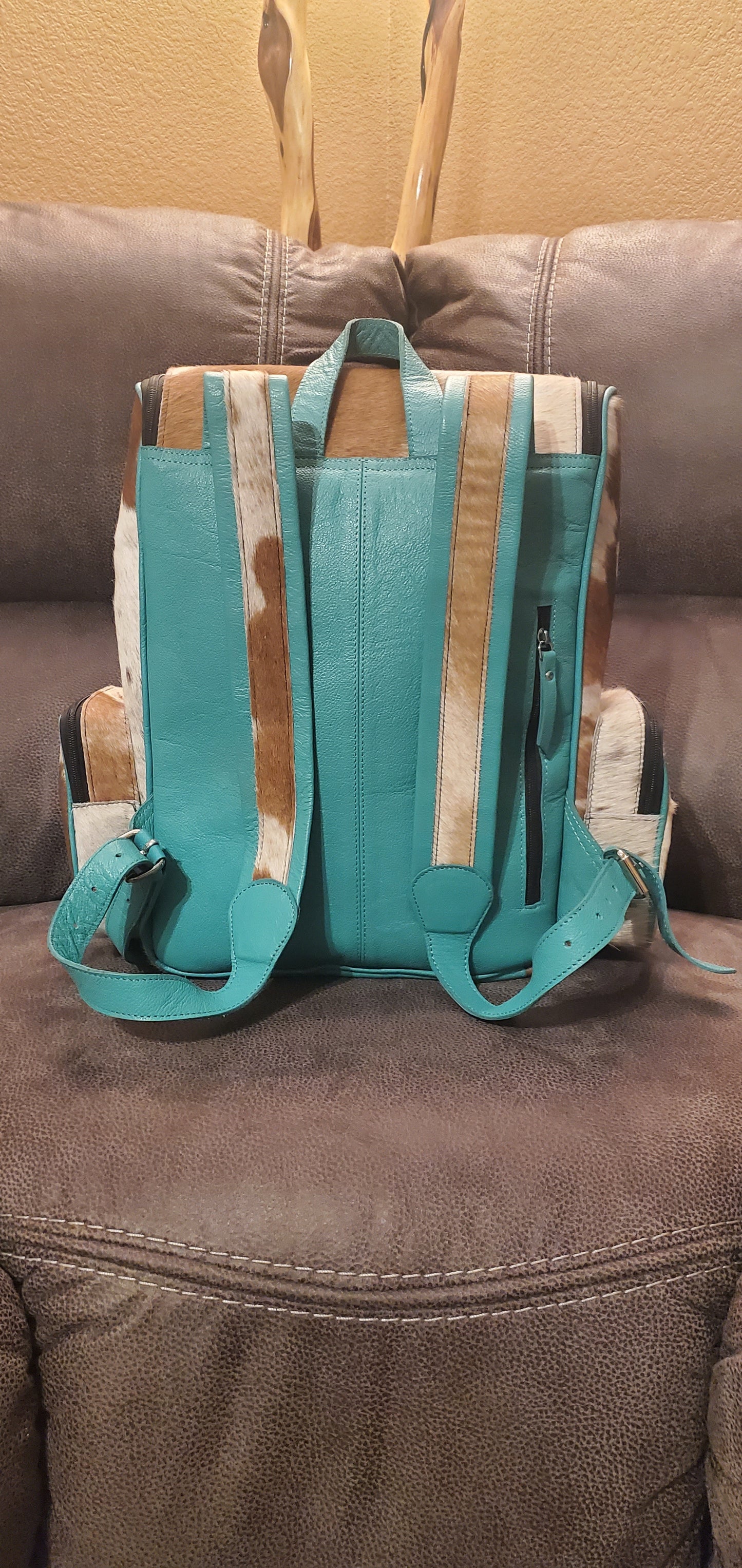 Turquoise Leather Cowhide Multiuse Backpack