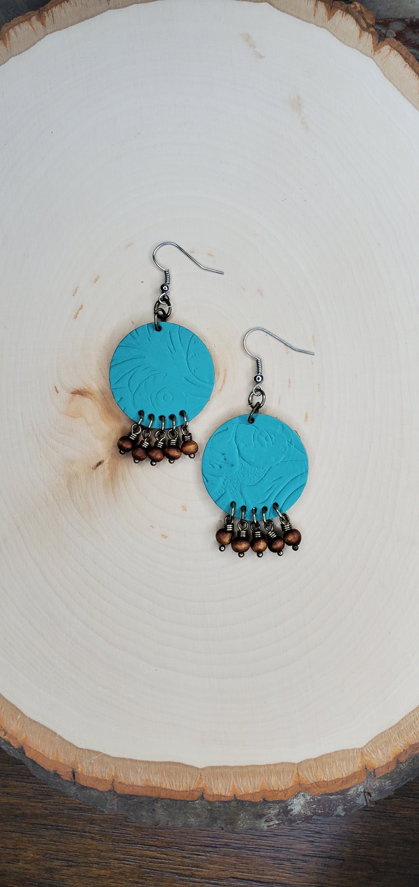 Round Turquoise Leather with Wood Beads Earrings