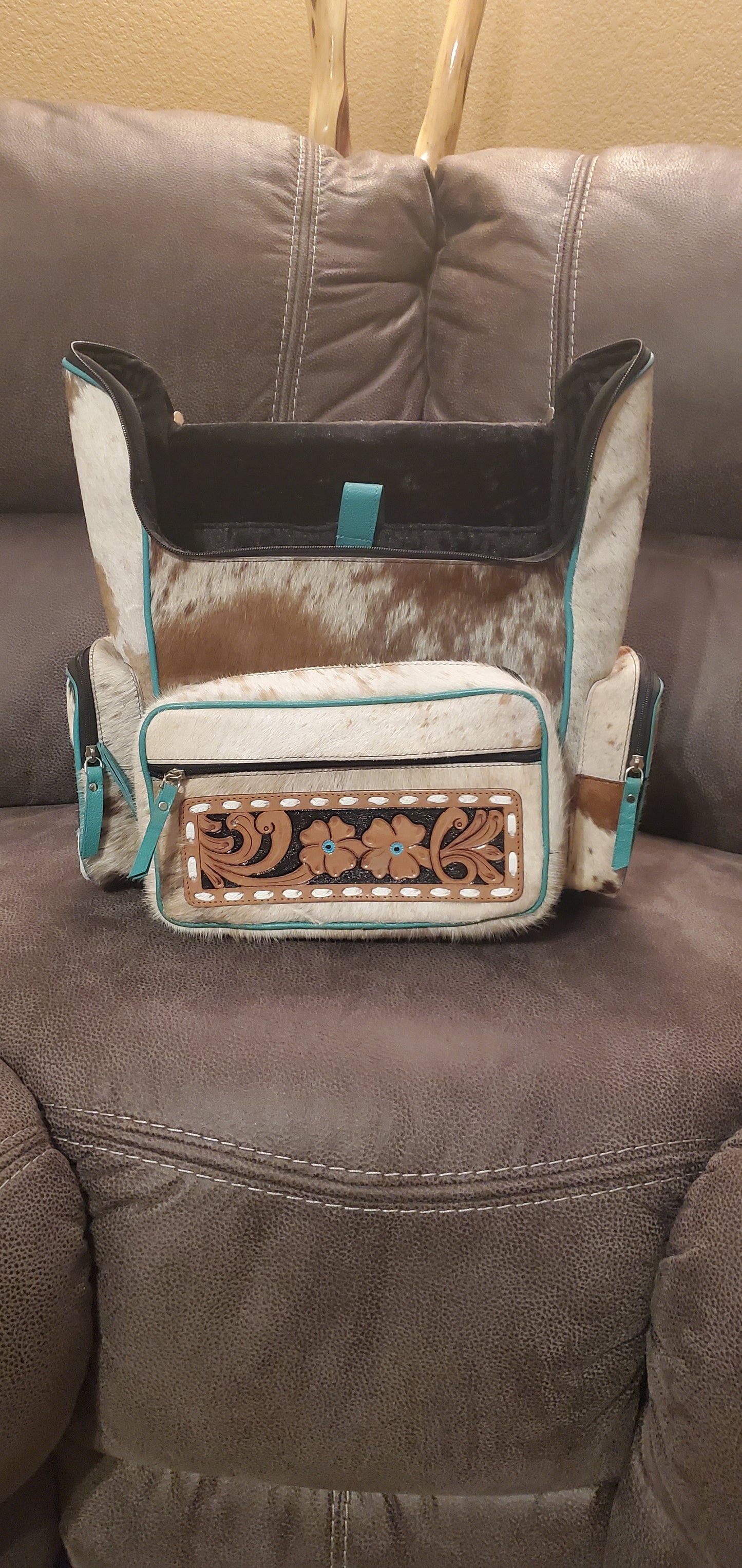 Turquoise Leather Cowhide Multiuse Backpack