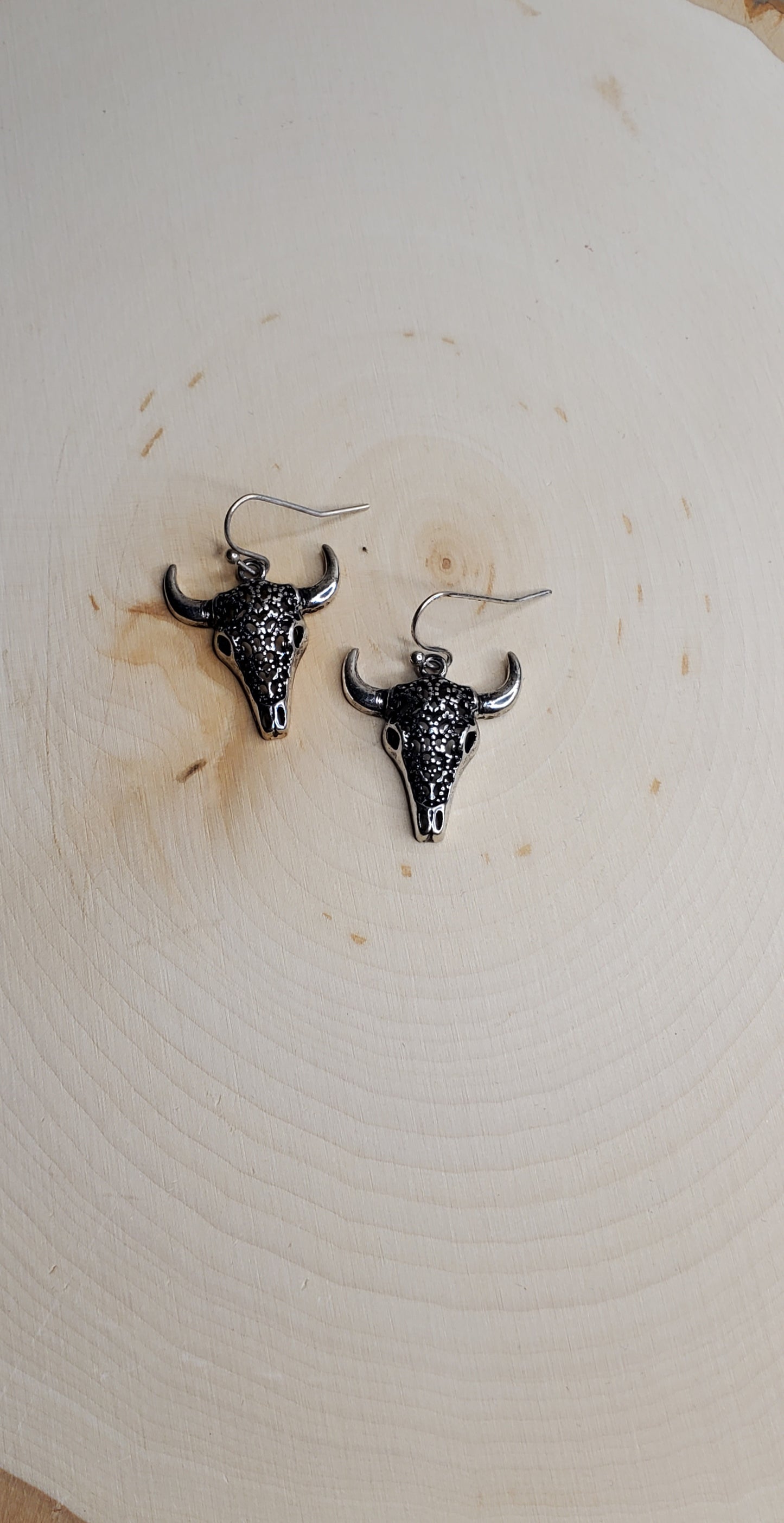 Silvertone Bull Skull Earrings