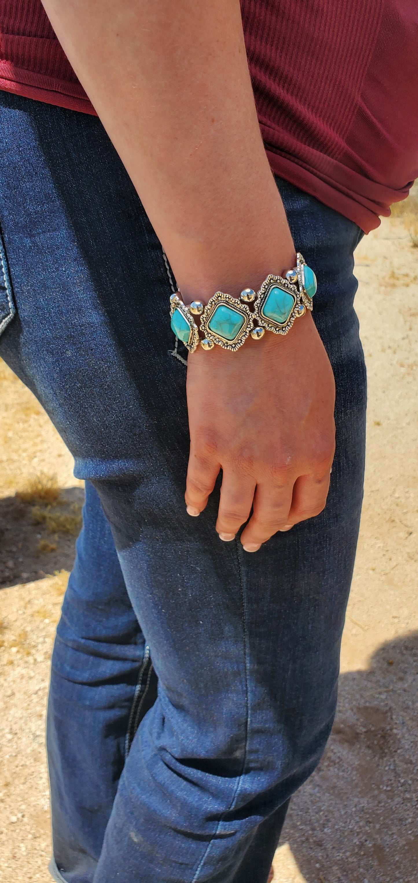 Alloy Silver Bracelet with Square Turquoise Stones