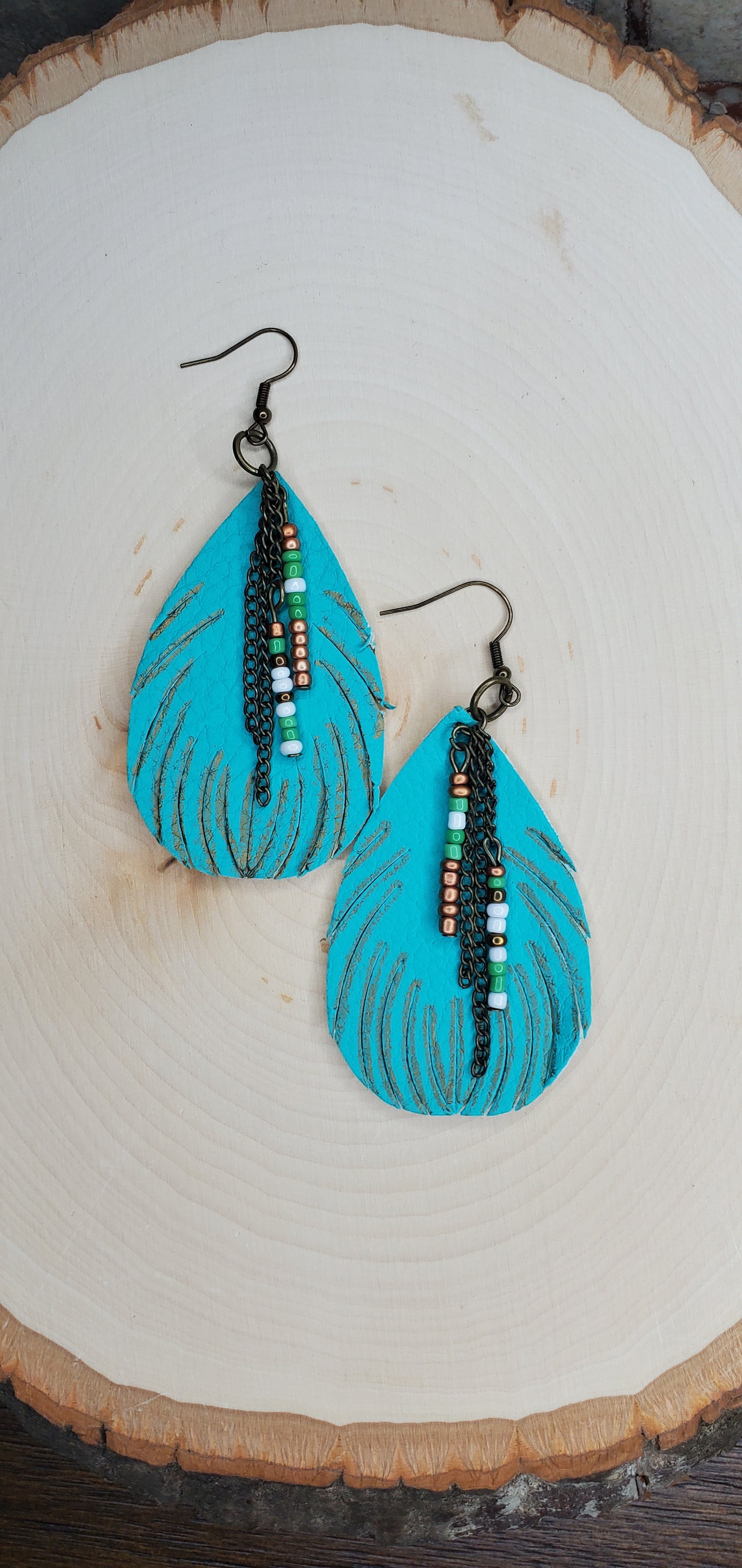 Faux Leather Turquoise Design Teardrop Earrings