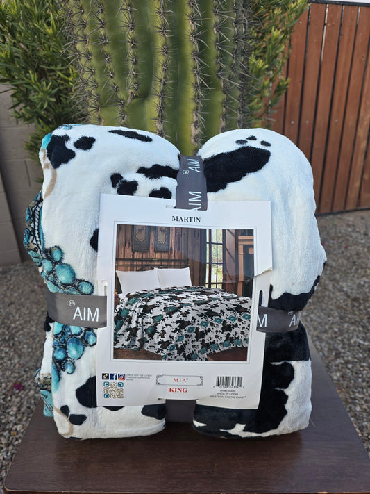 Cowprint & Turquoise King Blanket